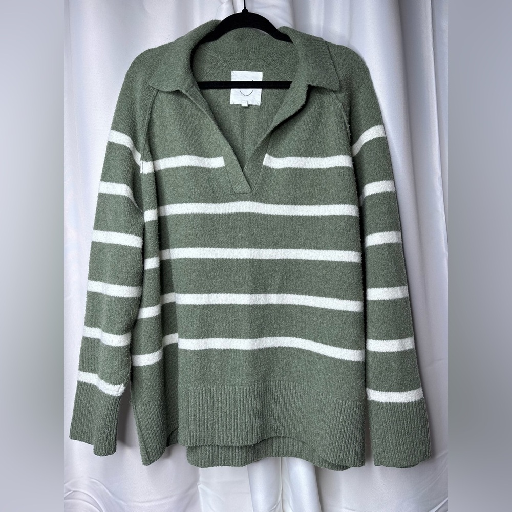 Aerie Sage White Striped V-Neck Sweater Women Cozy Knit Pullover XL